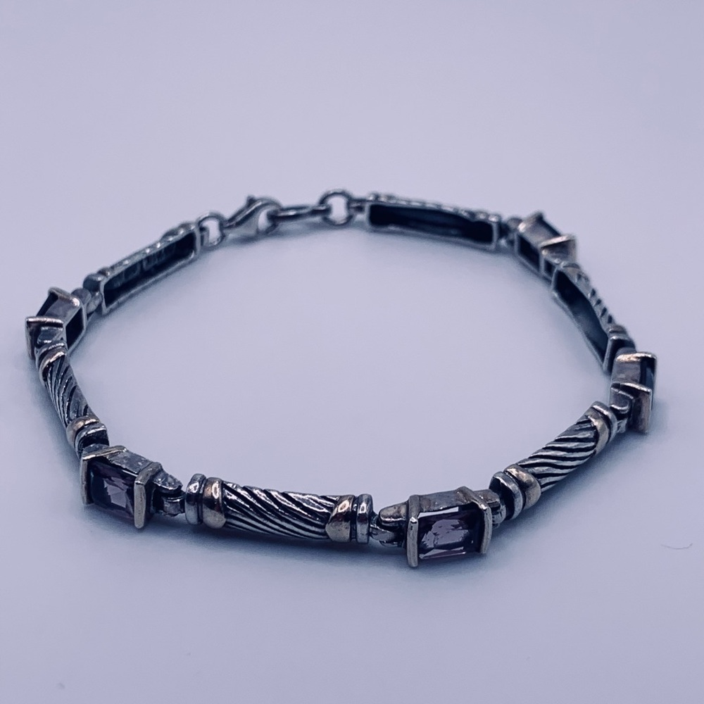 Bold Sterling Silver w/Faceted Emerald Cut Amethyst’s & Gold Accents Bracelet - Picture 8 of 16